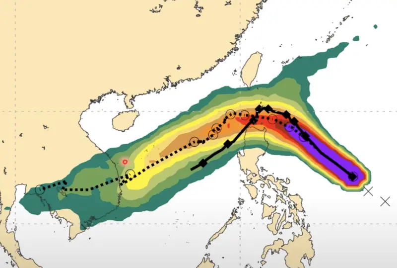 ▲銀杏颱風預估以西北轉西的方向朝南海移動的機率高，後續進入南海後會往西南方往下掉。（圖／賈新興YouTube）