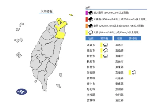 ▲東北風增強、對流發展明顯，中央氣象署針對基北北宜發布「大雨特報」。（圖／中央氣象署）