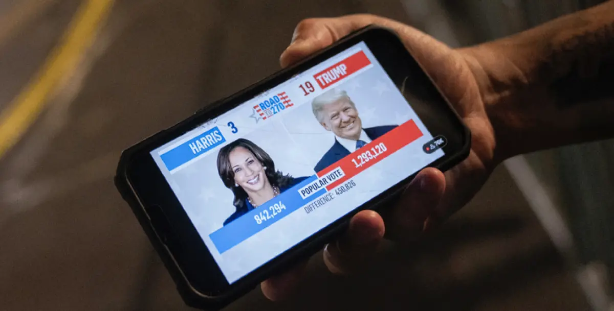 ▲2024年美國大選正在開票中，兩大加密貨幣預測平台壓倒性地賭川普贏賀錦麗。（圖／美聯社／達志影像）