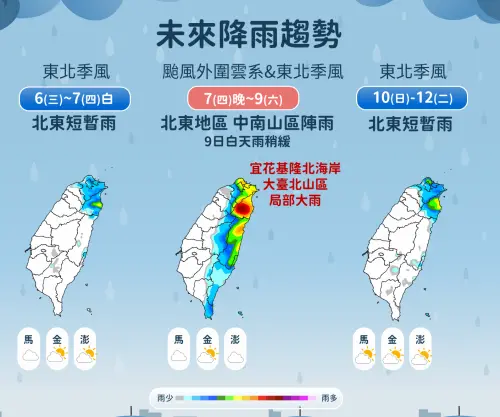 ▲銀杏颱風搭配東北季風，預估在週四晚上至週六，外圍環流將替北台灣、宜花帶來較大雨勢。（圖／中央氣象署）