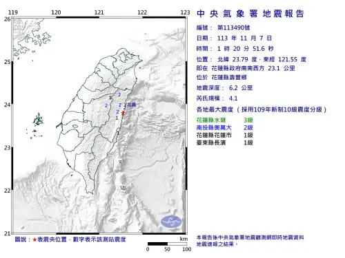 ▲規模5.5地震後，凌晨1時20分又發生規模4.1的地震，震央在花蓮壽豐。（圖／中央氣象署）