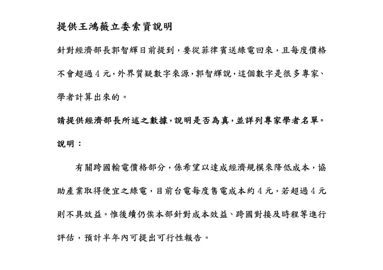 ▲經濟部回文直言郭智輝所說的東西,現在沒辦法證實。(圖/王鴻薇提供)