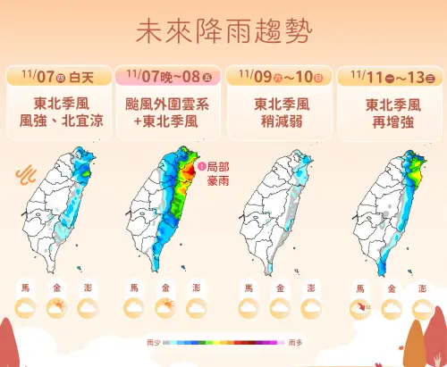 ▲明後兩天受銀杏颱風外圍環流影響，北部、東北部的降雨較多，可能會出現局部性豪雨。（圖／中央氣象署）