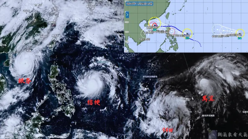 ▲11月相當罕見的3颱鼎立已發生，另外關島東南方的94Ｗ，有機會在未來幾天成為第25號「天兔 Usagi」。（圖／取自「觀氣象看天氣」）