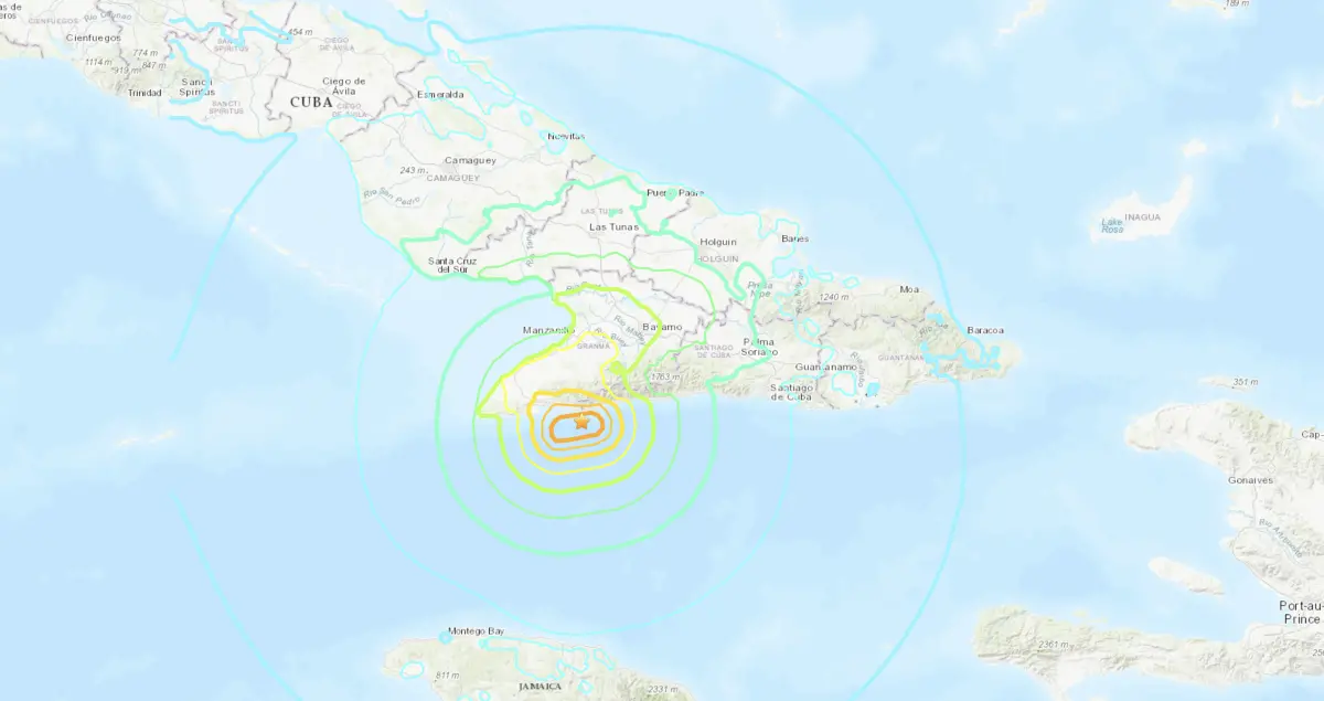 ▲古巴外海10日發生規模6.8地震，造成第2大城、東南部聖地牙哥巿和周圍鄉村地區建物劇烈搖晃。（圖／翻攝自美國地質調查局）