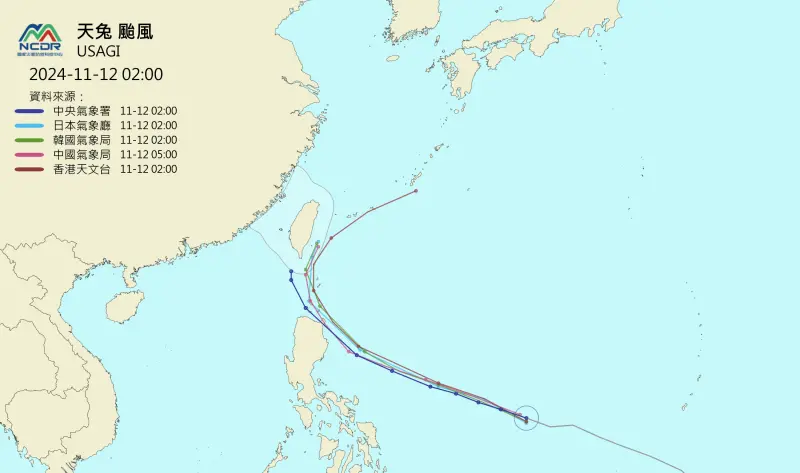 ▲天兔颱風各國預測路徑趨於一致，都是走北轉的路線，實際路徑還要持續再觀察！（圖/NCDR）