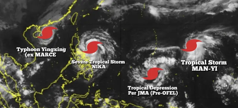 ▲本週發生史上首次「四颱並存」局面，而菲律賓是最大苦主。（圖／翻攝自「Earth Watch Weather Philippines」臉書）