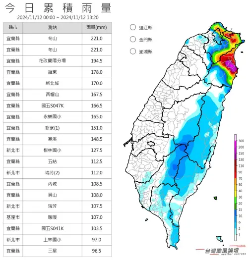 ▲受桔梗颱風外圍環流與東北季風雙重影響，宜蘭地區已經出現持續性的大雨。（圖／「台灣颱風論壇｜天氣特急」臉書）