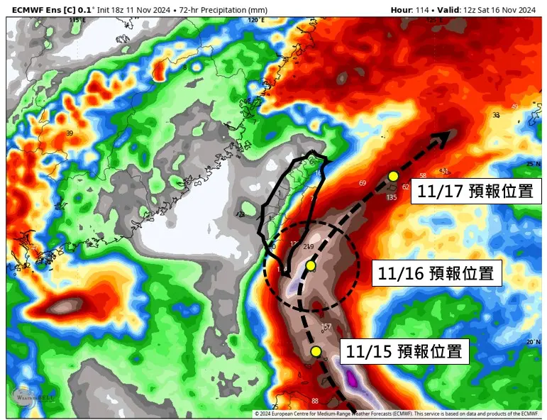 ▲天兔颱風路徑對台灣造成威脅，預估週五、週六最靠近，有機會發布海陸颱風警報。（圖／「天氣職人-吳聖宇」臉書）