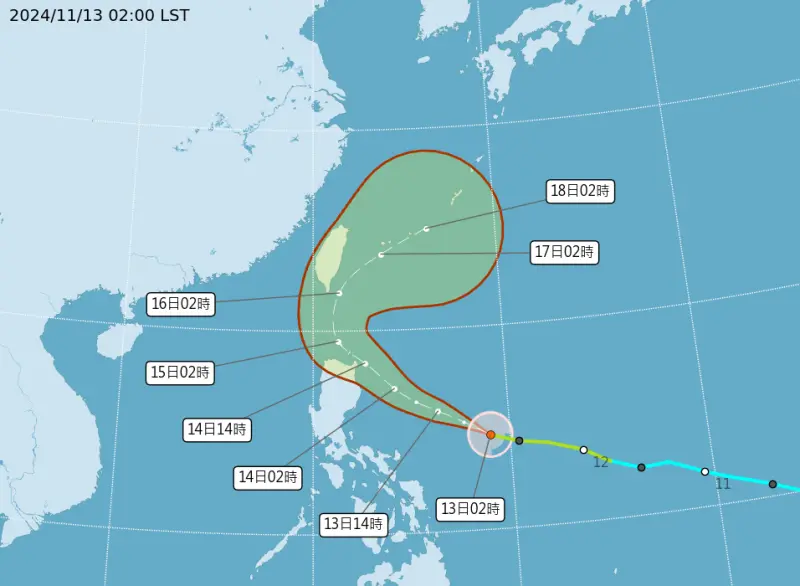 ▲天兔颱風路徑預測目前還是以北轉為主，不過北轉時間稍微延後，路徑有西修趨勢，暴風圈可能涵蓋高雄、恆春、東部地區。（圖/中央氣象署）