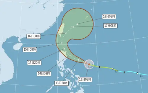 ▲天兔颱風路徑預計會在明日下半天開始北轉，週五、週六最靠近台灣，週六下半天遠離台灣。（圖／中央氣象署）