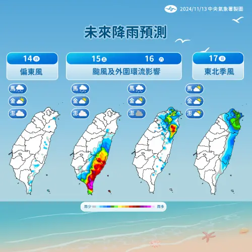 ▲天兔颱風週五最接近台灣時，包括南花蓮、台東、恆春半島將會有明顯較大雨勢；週六基隆北海岸、宜蘭、大台北山區也會有些許雨勢。（圖／中央氣象署）