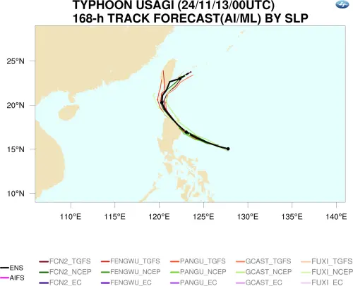 ▲天兔颱風AI路徑（圖／取自氣象粉專「觀氣象看天氣」）