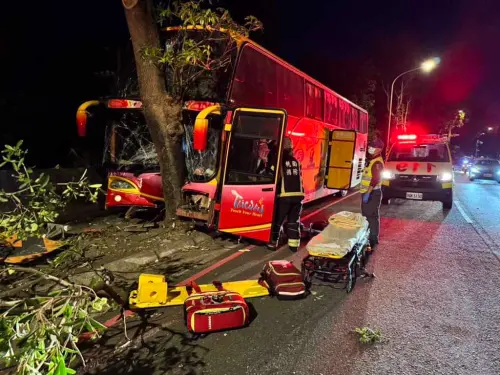 ▲桃園市平鎮區私立育達高中校車，今日傍晚不明原因衝撞路樹，導致司機腿部開放性骨折，與車上7名學生受傷。（圖／翻攝桃園市議員王珮毓臉書）