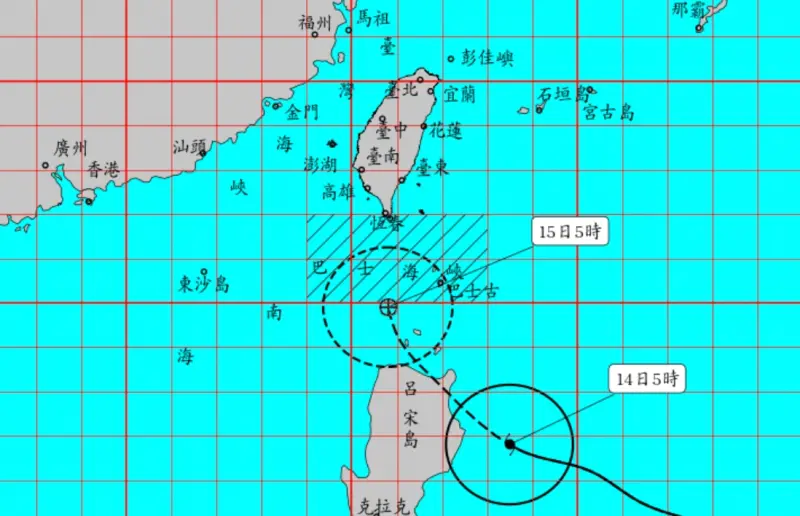 ▲天兔颱風逐步朝台灣逼近，按照目前路徑來看，將會擦邊影響台灣週末天氣，中央氣象署今（14）日早發布海上警報。（圖/中央氣象署）