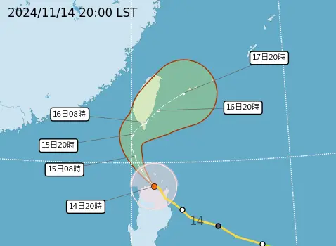 ▲天兔颱風路徑往西修正，氣象署已發布陸上警報，且路徑登陸台灣機率略有提高，時間點可能落在週六清晨。（圖／中央氣象署）