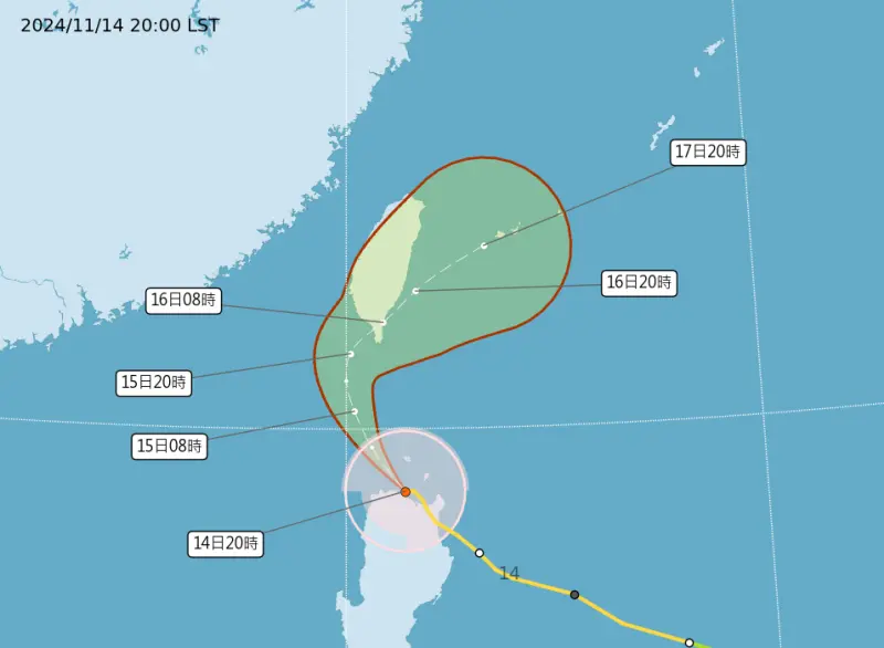 ▲中度颱風天兔持續朝台灣進逼。（圖／取自中央氣象署）