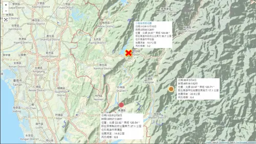 ▲今凌晨甲仙地震與2010年高雄地震、2016年美濃地震相對位置。（圖／郭鎧紋提供）