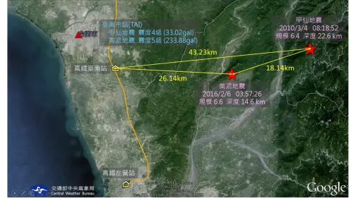 ▲2010年高雄地震距高鐵台南站約43.23公里，2016年美濃地震距高鐵台南站約26.14公里。（圖／郭鎧紋提供）