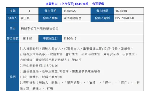 ▲據公開資訊觀測站，崇越集團在5月22日曾發出「補發本公司策略長辭任公告」，針對4月16日，集團董事長兼策略長郭智輝辭任一事，補發訊息。（截自公開資訊觀測站）
