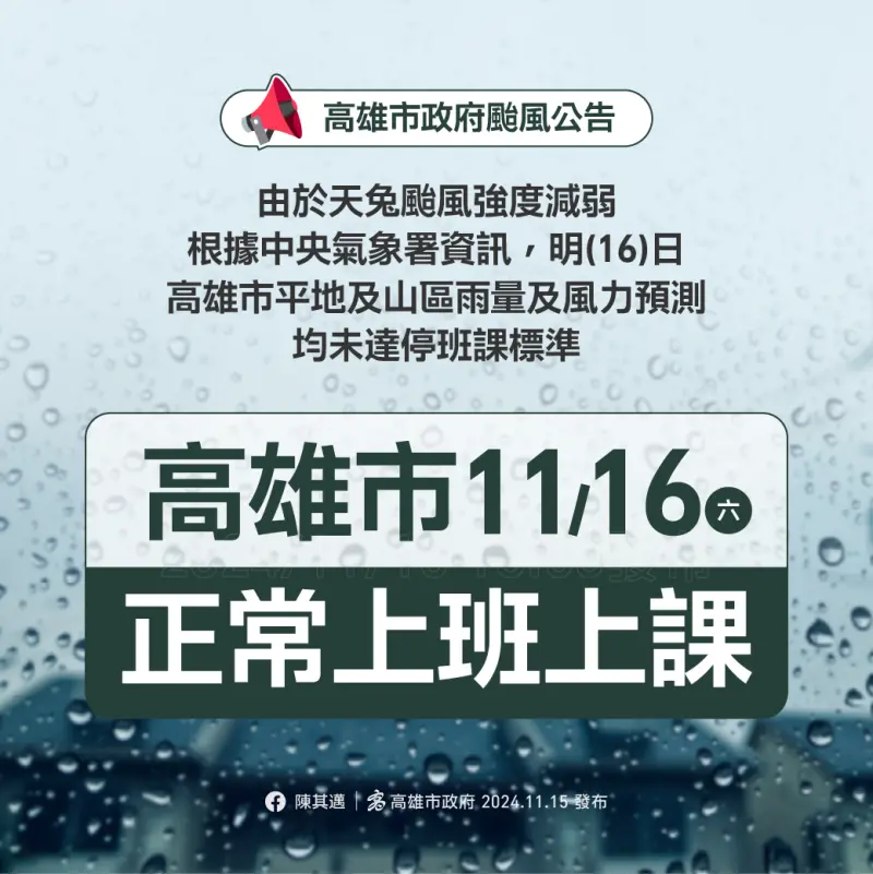 ▲根據中央氣象署資訊，明(16)日高雄市雨量及風力預測，均未達停班課標準，故宣布高雄市明日正常上班、正常上課。（圖／高市府提供）