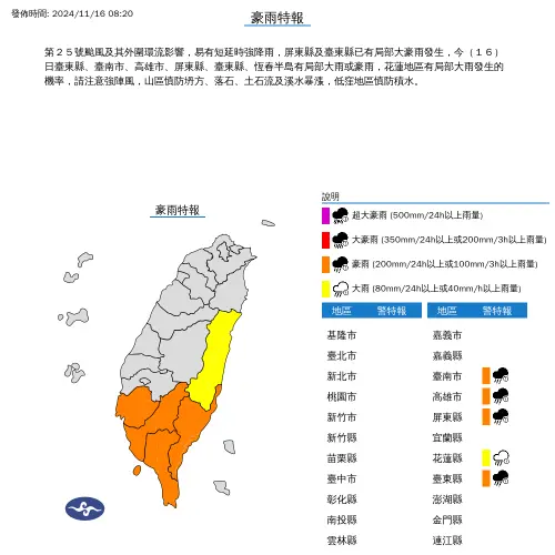 ▲目前暴風圈已接觸台灣南部陸地，對高雄、屏東、台東及恆春半島構成降雨威脅。（圖／中央氣象署）