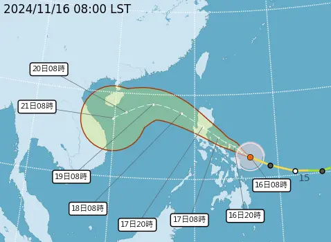 ▲下週一、下週二萬宜颱風已進入南海，它的外圍雲系隨著中高層氣流北上，水氣比較多，桃園以北、南部、東半部地區及中部山區有局部短暫陣雨。（圖／中央氣象署提供）