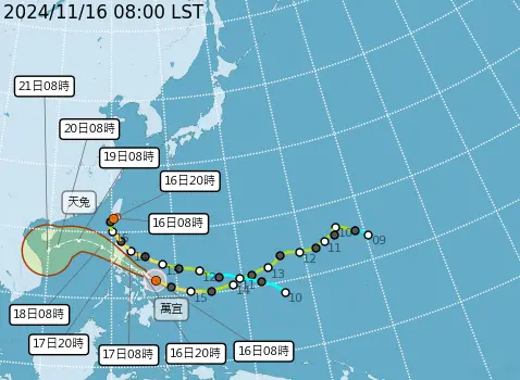 天兔颱風已解除海陸警報,不過萬宜颱風已在今早8時增強為強烈颱風。(圖/取自中央氣象署) ▲天兔颱風已解除海陸警報,不過萬宜颱風已在今早8時增強為強烈颱風。(圖/取自中央氣象署)