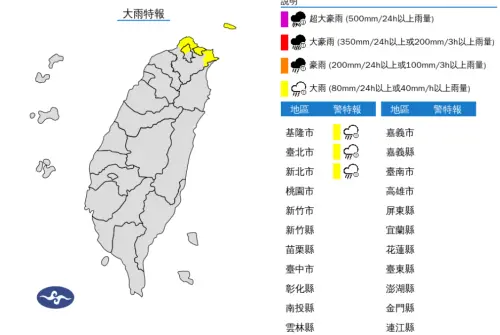 ▲中央氣象署於今（16）日下午17點15分，針對基隆市、台北市山區、新北市北海岸地區發布「大雨特報」。（圖／中央氣象署）