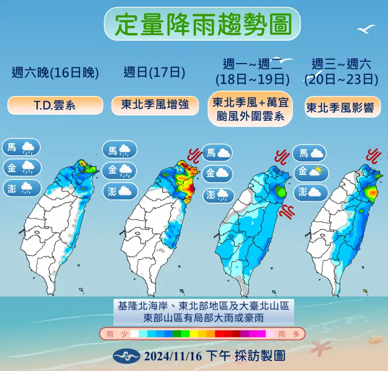 ▲今年最強颱風「萬宜」接力影響台灣天氣，外圍雲系將帶來水氣，下週一、週二（18日、19日）最靠近台灣。（圖／中央氣象署提供）