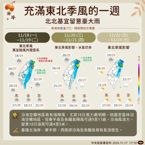 明起一直到週六台灣受到東北季風影響,北北基宜需要留意豪大雨。(圖/中央氣象署提供) ▲明起一直到週六台灣受到東北季風影響,北北基宜需要留意豪大雨。(圖/中央氣象署提供)