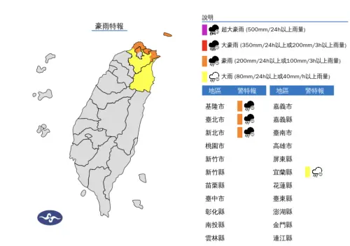 ▲中央氣象署今（18）日針對基隆、新北、台北、宜蘭發布「豪雨特報」。（圖／中央氣象署）