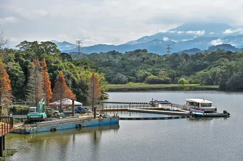 ▲苗栗峨眉湖畔的落羽松逐漸轉紅，美景怡人。(圖/參山處提供) 