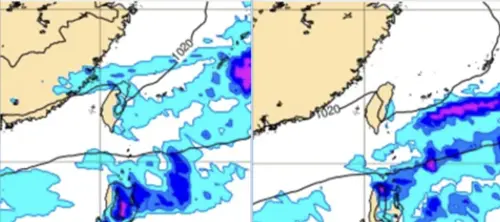 ▲下週二鋒面掠過，北部及東半部地區轉有局部短暫雨（左）。下週四轉乾冷，各地天氣晴朗穩定（右）。（圖／「三立準氣象．老大洩天機」）