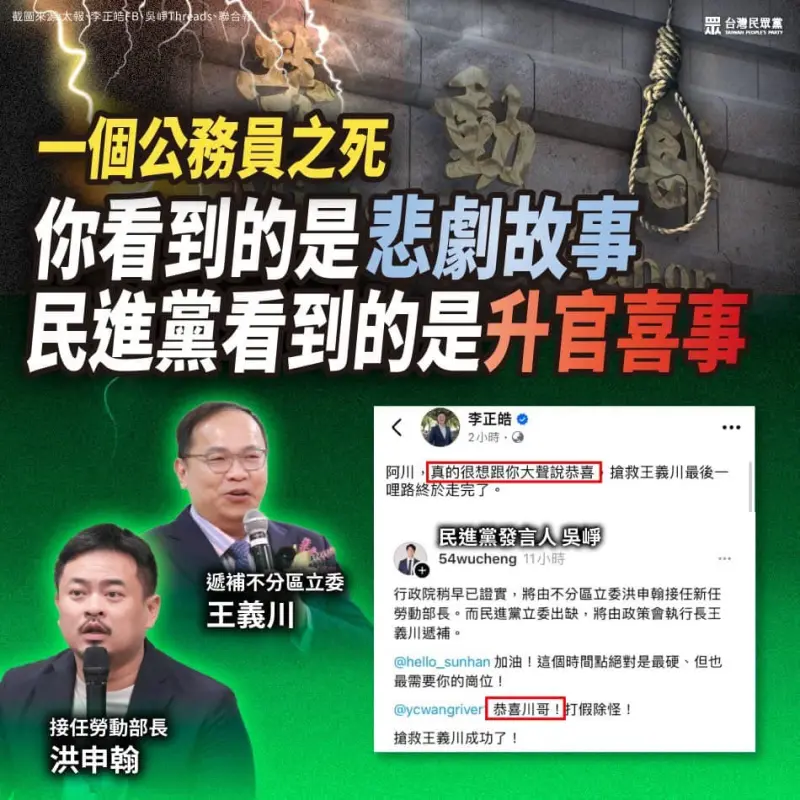 ▲民眾黨在臉書砲轟民進黨發言人吳崢跟親綠名嘴李正皓「恭喜王義川」行為冷血。（圖／民眾黨臉書）