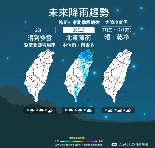 ▲明天北部、東北部會有零星的降雨。（圖／中央氣象署提供）