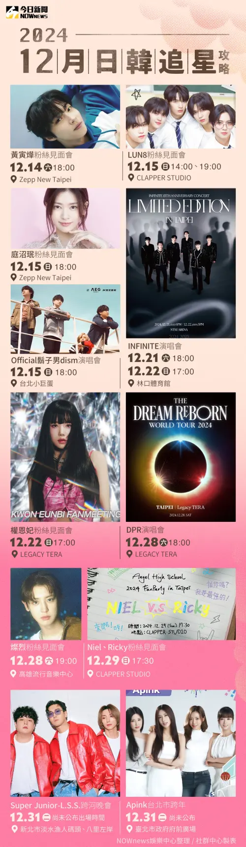 ▲▼12月來台的日本、韓國藝人資訊表。（圖／LDH愛夢悅、大鴻藝術 BIGART、D-SHOW、K-MONSTAR、天空娛樂、SHOW Office、數位至匯、華貴娛樂、星石娛樂、旺德福音樂經紀、Live Nation Taiwan 理想國、Dream High Entertainment、寬宏藝術、宝島唱片、Nice Shot 好攝創意、遠雄創藝、藝尚Artique Production、寬寬整合行銷、台北旅遊網、FU Entertainment、K-monstar）