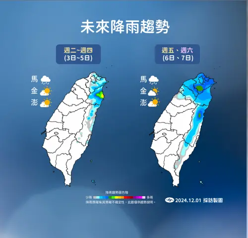 ▲下週一下午開始水氣增加，到下週四前，基隆北海岸、東半部地區及大台北山區有局部短暫雨。（圖／中央氣象署）