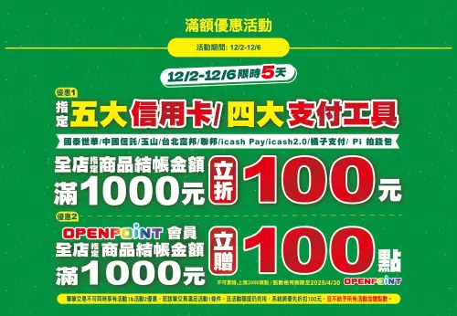 ▲7-11推出滿額立折優惠，消費每滿滿1000元折100元。（圖／翻攝自7-11）