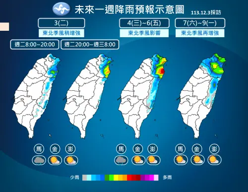 ▲東北季風增強影響，今天開始北部、東半部降雨開始變多，尤其宜蘭地區要特別留意。（圖／中央氣象署）