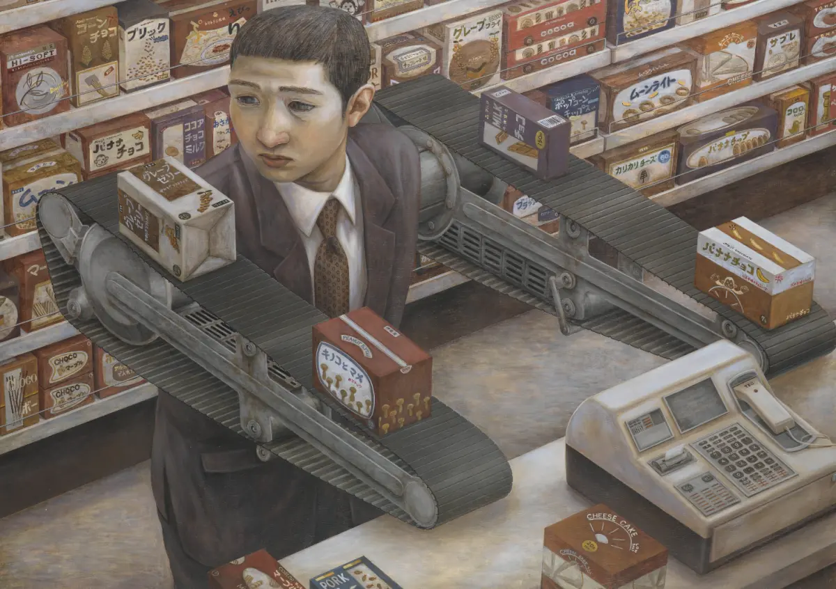 ▲日本已故藝術家石田徹也知名作品《超市》，以超現實的手法，呈現出日本人生活的龐大壓力及無奈。（圖／翻攝自tetsuyaishida.net）
