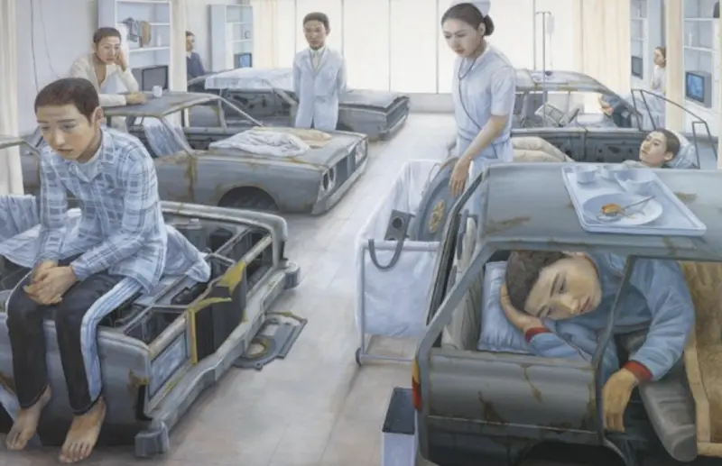 ▲石田徹也的作品《等待機會》,整幅畫作色調冰冷、人物面無表情。(圖/翻攝自tetsuyaishida.net)