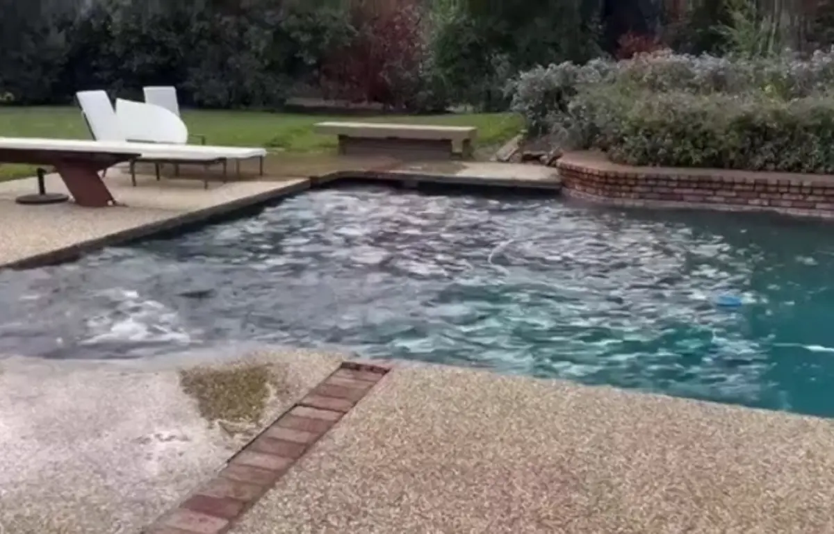 ▲加州北部外海發生芮氏規模7的強震，有居民拍下地震時，泳池搖晃、池水濺出的畫面。（圖／擷取自影片）