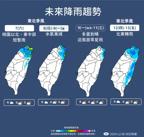 ▲，首波東北季風今晚開始增強，影響將持續到下週一清晨（9日）迎風面桃園以北、宜蘭、花蓮局部短暫雨。（圖／中央氣象署提供）