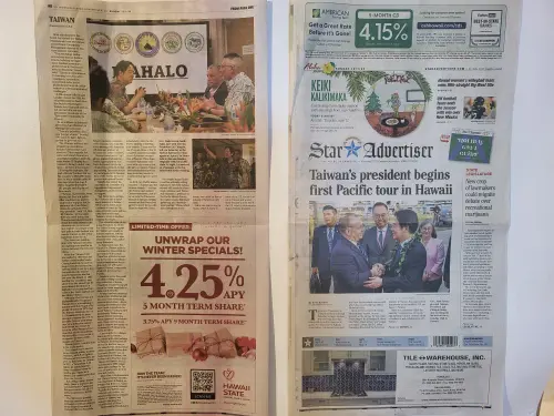 ▲賴清德過境夏威夷，當地媒體以頭版報導，並以台灣總統著稱。（圖／記者陳佩君攝）