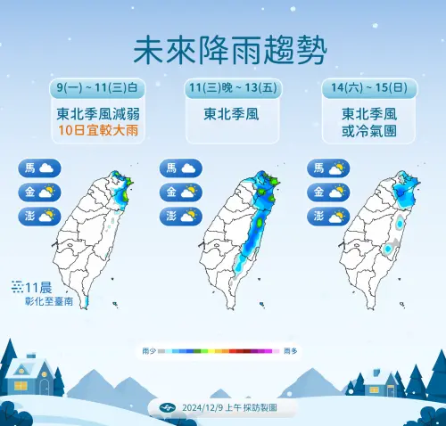 ▲未來一週降雨主要還是集中在北部、東半部，週三晚間東北季風增強雨區擴大，週末冷氣團環境較乾。（圖／中央氣象署）