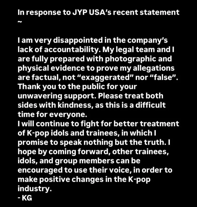 ▲KG喊話JYP公司不要說謊，她後續會一一揭發真相。（圖／KG IG）