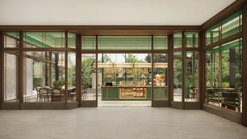 ▲甜點坊面向敦化北路，大片玻窗引入自然光與綠意。（圖／臺北嘉佩樂酒店提供）