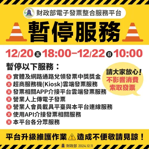 ▲由於「財政部電子發票整合服務平台」將於12月20日晚間18時至22日上午10時暫停對外服務，因此實體領獎通路將長達16小時無法領獎。（圖／翻攝財政部臉書）