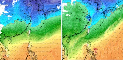 ▲最新(11日20時)歐洲模式(ECMWF)，下週四(19日)8時模擬圖顯示，850百帕零度(紅)線，在北部海面(左圖)。最新美國模式(GFS)，下週六(21日)20時模擬圖則顯示，850百帕零度(紅)線，接觸北部陸地(右圖)。（圖／取自「洩天機教室」專欄）